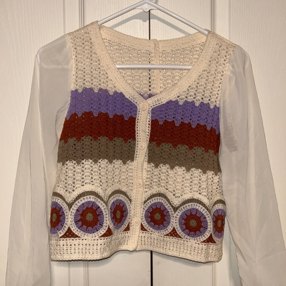Crochet Knit Cardigan with Sheer Sleeves